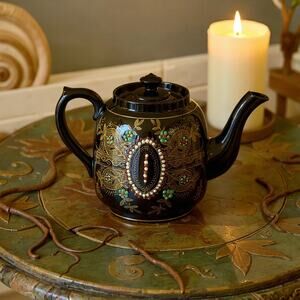 Antique Lingard Webster Teapot-Black Gilt-Enamel-Staffordshire England-Victorian